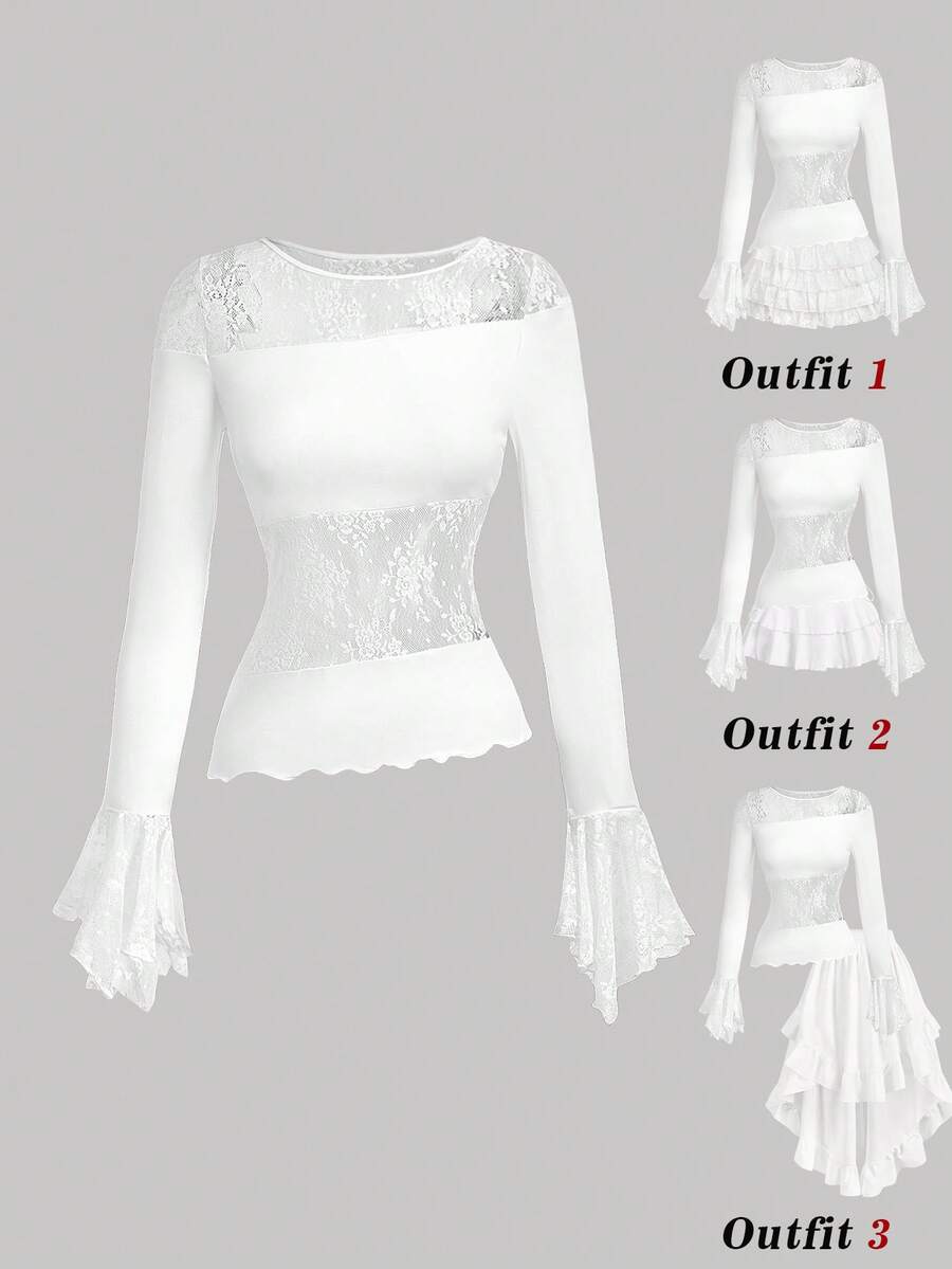 SHEIN MOD 女士纯色极简蕾丝长袖T恤，日常穿着，外出上衣，春夏上衣，情人节，海滩度假，优雅女士上衣，休闲女士上衣，度假女士上衣，白色上衣，拼接蕾丝上衣，透视上衣 - 白色 - 查看 1