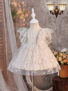 SHEIN Vestido elegante y lindo con volantes de tul bordado floral para niña bebé - Multicolor - Ver 3