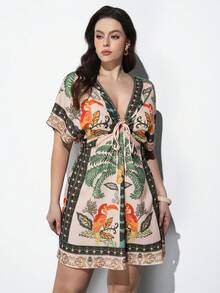 Maija Đầm đi nghỉ mát cỡ lớn in họa tiết nhiệt đới, kiểu dáng thường ngày. - Hồng - Xem 6