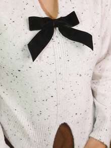 Gretanique 新款V领蝴蝶结短款毛衣，侧开衩，精致优雅，长袖上衣 - 白色 - 查看 3