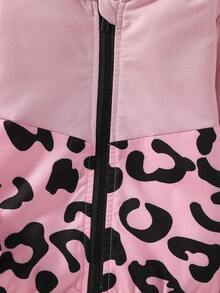 SHEIN 年轻女孩豹纹长袖连帽拉链休闲夹克，秋冬