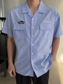 DAZY Men's Blue Striped Short Sleeve Shirt With Letter Embroidery, Summer - Blue - View 5