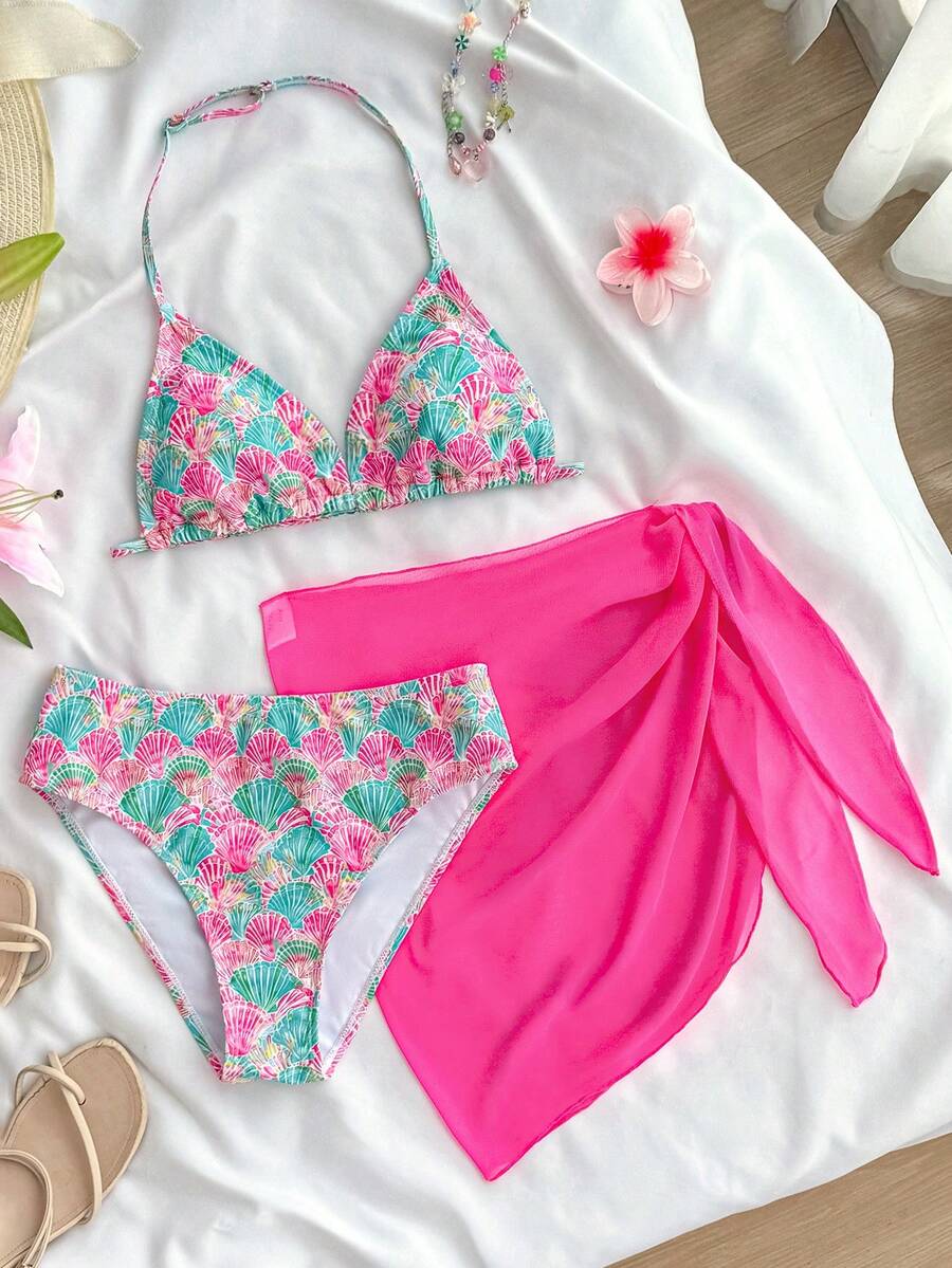 SHEIN 少女三件套，粉色，贝壳印花，泳衣背心套装，度假沙滩风 - 玫紅色 - 查看 1