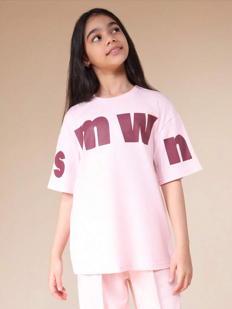 Oversized Graphic Tee With Letter Print