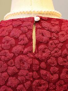 Tween 女童 V 领无袖豹纹提花网眼下摆优雅连衣裙 - 酒紅色 - 查看 4