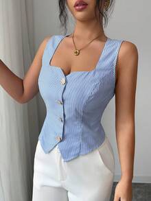 Selianne 时尚女士条纹优雅衬衫，玫瑰金纽扣，通勤风，适合约会、通勤、夏季、返校、办公、度假等场合，百搭单品。 - 藍色 - 查看 1