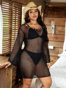 SHEIN Swim Curve Plus Size Shell Decor V-Neck Long Sleeve Beach Cover Up For Summer Beach Vacation - Black - View 4