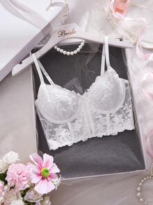1pc White Romantic Sheer Cup Longline Bra, Suitable For Weddings, Intimate Wear - White - View 1