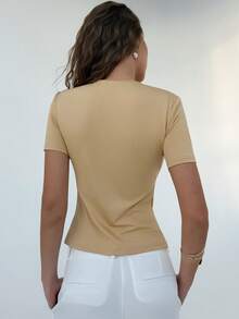 Almamuse Women's Fashion Asymmetrical Neckline T-Shirt, Metal Buttons, Casual For Commuting And Gatherings - Apricot - View 2