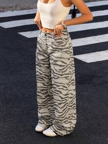 SHEIN EZwear Women's Loose Casual Zebra Print Wide Leg Pants With Pockets - Multicolor - View 5