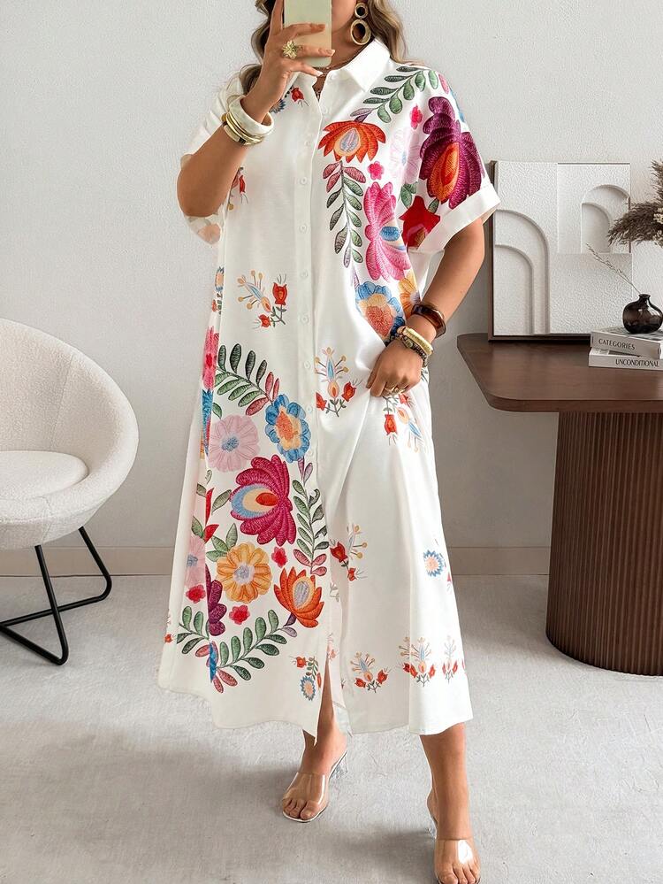 Vestido de manga corta con estampado bordado de talla grande - Multicolor - Ver 3