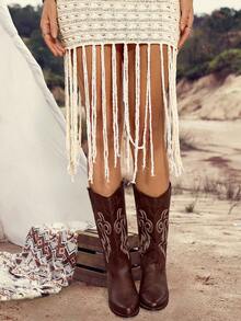 LanaWest 2pcs Women's Casual Hollow-Out Vest & Fringed Skirt Knitted Sweater Set - Apricot - View 6