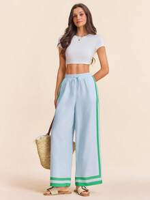 Coeurva 女士休闲优雅日常条纹印花长裤，蓝色女士长裤，春夏款 - 藍色 - 查看 8