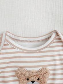 SHEIN Newborn Baby Girl Casual Cute Striped Cartoon Pattern Long Sleeve Romper Outfit Set - Apricot - View 7