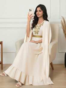 少女中东优雅时尚圆领披肩和无袖圆领连衣裙套装 - 杏色 - 查看 1