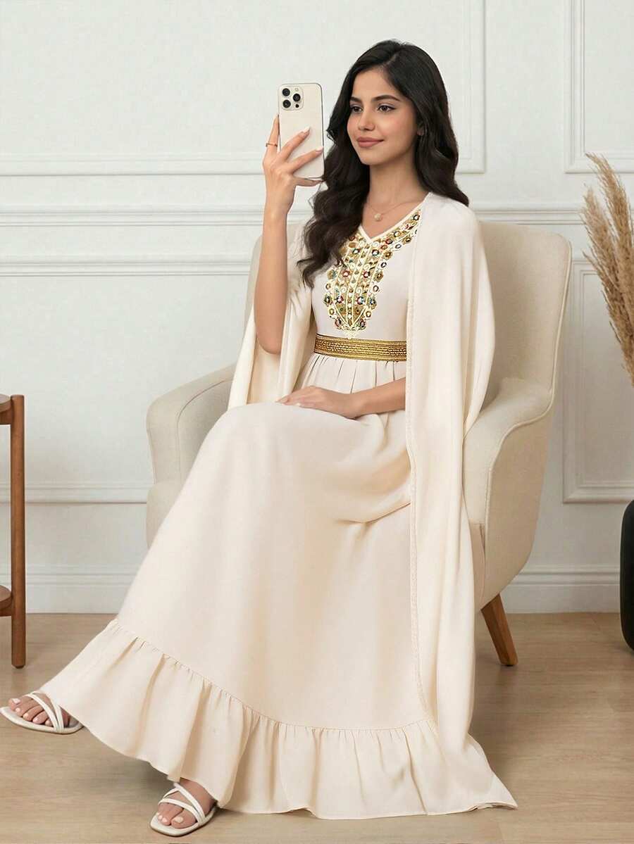 少女中东优雅时尚圆领披肩和无袖圆领连衣裙套装 - 杏色 - 查看 1