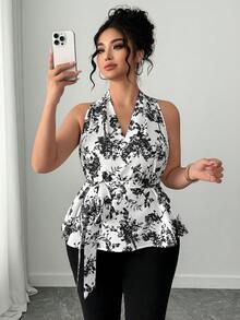 Elenzga Plus Size Women Ditsy Floral Sleeveless Halter Blouse - Black and White - View 6