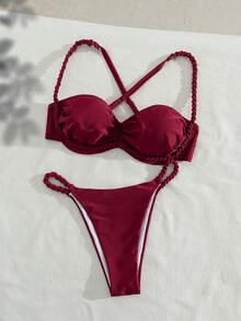Swim DD+ 纯色珍珠光泽沙滩泳池派对扭绳软杯优雅度假比基尼套装 - 酒紅色 - 查看 9