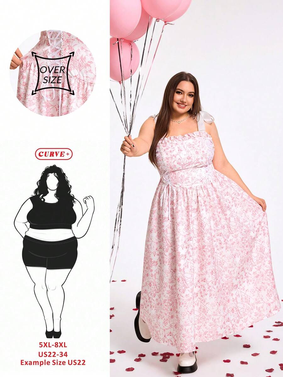 SHEIN CURVE+ Đầm dài in họa tiết thắt nơ dành cho nữ cỡ lớn CURVE PLUS /Ngày Valentine/Thích hợp mặc mùa xuân, đầm ngày Valentine, đầm tốt nghiệp, đầm thanh lịch cho nữ, đầm nghỉ xuân. - Nhiều màu - Xem 1