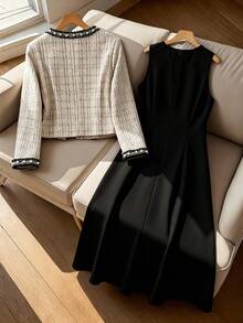 GlowEve CURVE 2pcs Plus Size Women Elegant Black Contrast Pearl Beaded Trim V-Neck Long Sleeve Cardigan Jacket And Round Neck Pearl Embellished Maxi Dress Set, Suitable For Autumn/Winter Casual, Commute, Party - Light Grey - View 2