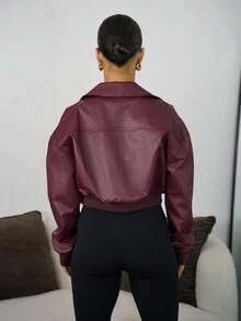 SAYEHFBABY 女士秋季街头服饰外出约会夜办公室装复古红色皮革短夹克外套 - 酒紅色 - 查看 2