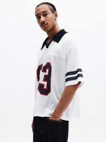 SUMWON Oversized Fit Numbered Polo Shirt With Navy Collar And Sleeve Stripes For Casual Wear - White - View 6