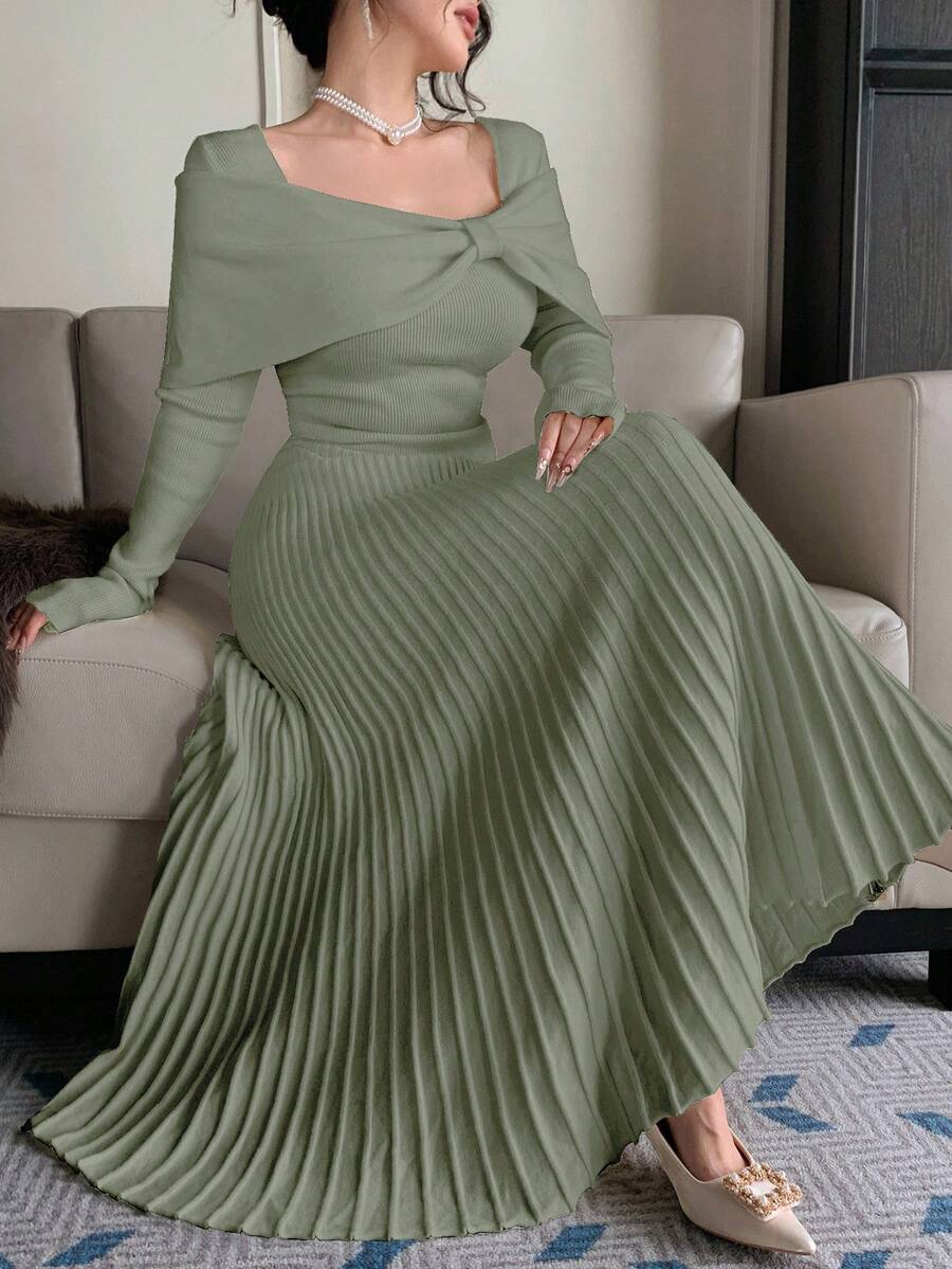 DAZY Đầm len nữ thanh lịch màu trơn cổ vuông bất đối xứng, thích hợp cho mùa thu. - xanh quân đội - Xem 1