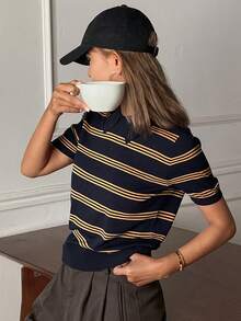 Livesso Women's Striped Collar Short Sleeve Casual Knit Top - Navy Blue - View 4