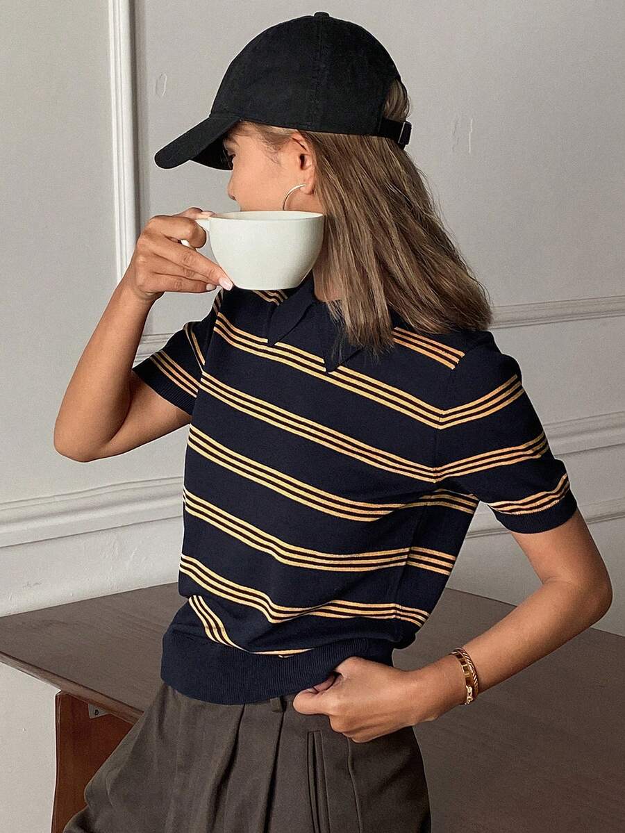 Livesso 女士条纹领短袖休闲针织上衣 - 藏蓝色 - 查看 1