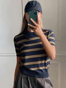 Livesso Women's Striped Collar Short Sleeve Casual Knit Top - Navy Blue - View 3