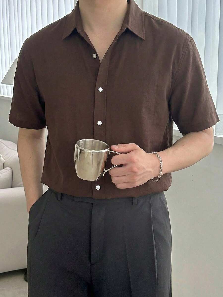 DAZY Men's Solid Brown Short Sleeve Shirt, Summer - Brown - View 1