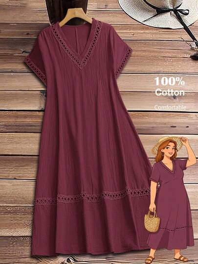 EMERY ROSE فستان صيفي كاجوال بياقة على شكل حرف V وأكمام قصيرة مقاس كبير