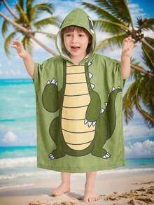 SHEIN 1件装 男童街头风可爱恐龙印花连帽泳衣罩衫，适合外出、度假、游泳、泡温泉、泳装罩衫 - 綠色 - 查看 5