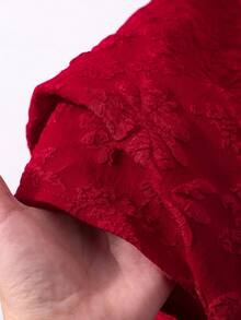 SHEIN Tween Girl Red Solid Color Short Sleeve Mini Dress, Red Dress, Beaded Puff Sleeve Backless Bow Design, Casual, Graduation, Outfit - Red - View 7