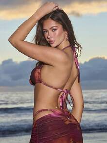 Swim Vcay 3pcs Women's Swimwear Set: Burgundy Pearl Flower Mesh Coverup, Low Waist Skirt, Pearl Vacation Beach - Burgundy - View 2