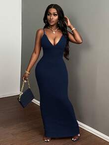 Slaydiva Vestido maxi sexy e elegante com alças finas, babados e decote profundo, vestido magenta com decote profundo, vestido maxi justo ao corpo, vestido maxi azul marinho. - Azul marinho - Ver 6