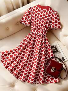 Chiquease Đầm midi nữ thanh lịch họa tiết trái tim đan chéo, thắt eo, màu đỏ, thích hợp cho mùa xuân/hè. - Đỏ - Xem 2
