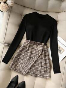 Franclia Brown Long Sleeve Knit Top And Khaki Pleated Plaid Skirt With Belt, Women's Casual Commuter 2-Piece Outfit Set, Suitable For Spring/Autumn - Black - View 3