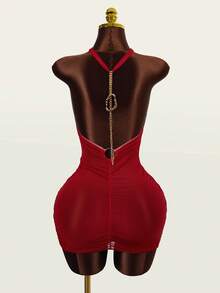 Zestiva Women's Solid Color Halter Backless Cover-Up Dress, Suitable For Beach Vacation - Red - View 2