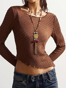 Bohemela Women Casual Solid Color Knit Boat Neck Long Sleeve Top - Mocha Brown - View 4