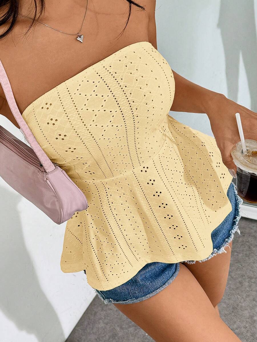 SHEIN EZwear 镂空刺绣纯色荷叶边抹胸上衣可爱黄色上衣黄色夏季上衣夏季上衣女士针织上衣女士镂空上衣黄色镂空上衣无肩带上衣浅黄色上衣荷叶边镂空上衣夏季镂空上衣无肩带镂空上衣休闲夏季上衣女士夏季无肩带上衣蕾丝边夏季上衣女士夏季上衣可爱夏季上衣 - 淡黃色 - 查看 1