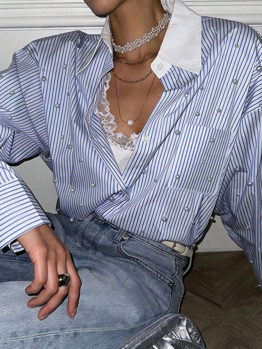 INAWLY Women's Casual Elegant Elegant Office Commute Loose Faux Pearl Long Sleeve Shirt, Spring/Autumn - Blue - View 1