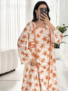 Al Najma Fashionable Floral Print Ruffle Trim Square Neck Loose Elegant Dress - Multicolor - View 8