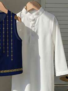 SHEIN 2pcs/Set Vintage Star & Moon Print Vest + Stand Collar Long Shirt, Casual Outfit For Young Boys, Suitable For School, Birthday, Spring, Summer, Autumn - Multicolor - View 5