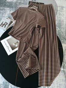 SHEIN 少女针织条纹圆领短袖修身T恤和紧身裤套装，休闲百搭 - 棕色 - 查看 2