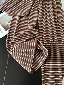SHEIN 少女针织条纹圆领短袖修身T恤和配套休闲裤套装，百搭时尚 - 棕色 - 查看 5