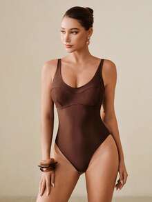 Swim Oasis 1 bộ áo tắm liền thân nữ màu nâu chấm bi có chức năng nâng ngực, ôm bụng, kèm váy, thích hợp cho kỳ nghỉ và đi biển. - màu nâu - Xem 7