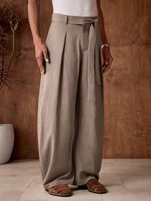 AKNOTIC 男士休闲宽松弹力腰直筒裤，卡其色纯色，适合夏季、度假、日常搭配、派对、情侣装、男士礼物。男士系带裤，男士阔腿褶裥裤，男士阔腿裤，褶裥裤，男士褶裥西装裤，男士褶裥裤，男士西装裤 - 卡其色 - 查看 7