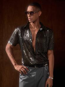 AKNOTIC Business Casual 男士时尚性感透视金属箔短袖衬衫，夏季 - 金色 - 查看 3