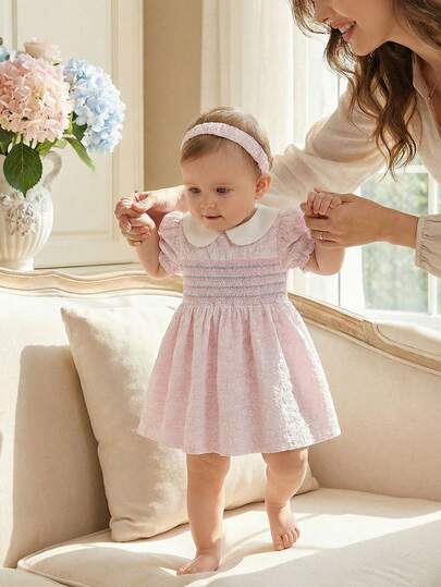 SHEIN Baby Girls' Spring Casual Vacation Cute Sweet Puff Sleeve A-Line Textured Fabric Short Sleeve Dress, Exquisite Smocking Craftsmanship, High Quality And Cost-Effective, Suitable For Travel Or Vacation Outfits